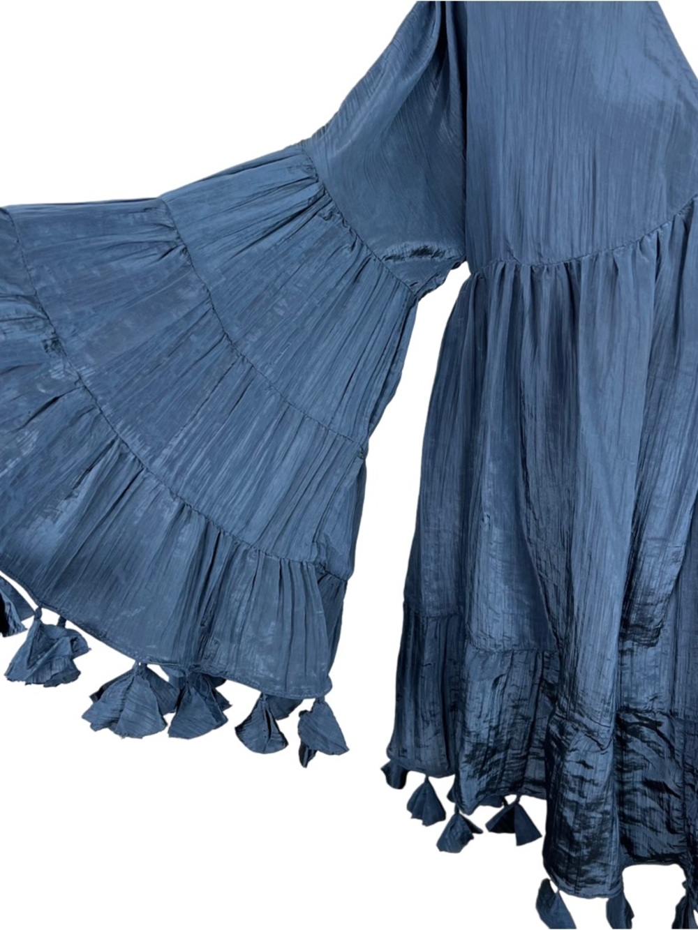 NWT MISA Los Angeles Mahtab Dress XS Navy Blue Tassel Boho Bell Sleeve Mini - Picture 6 of 8